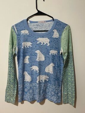 Sundance Before and Again Blue & Green Bear Print L/S Waffle Knit Top W’s S